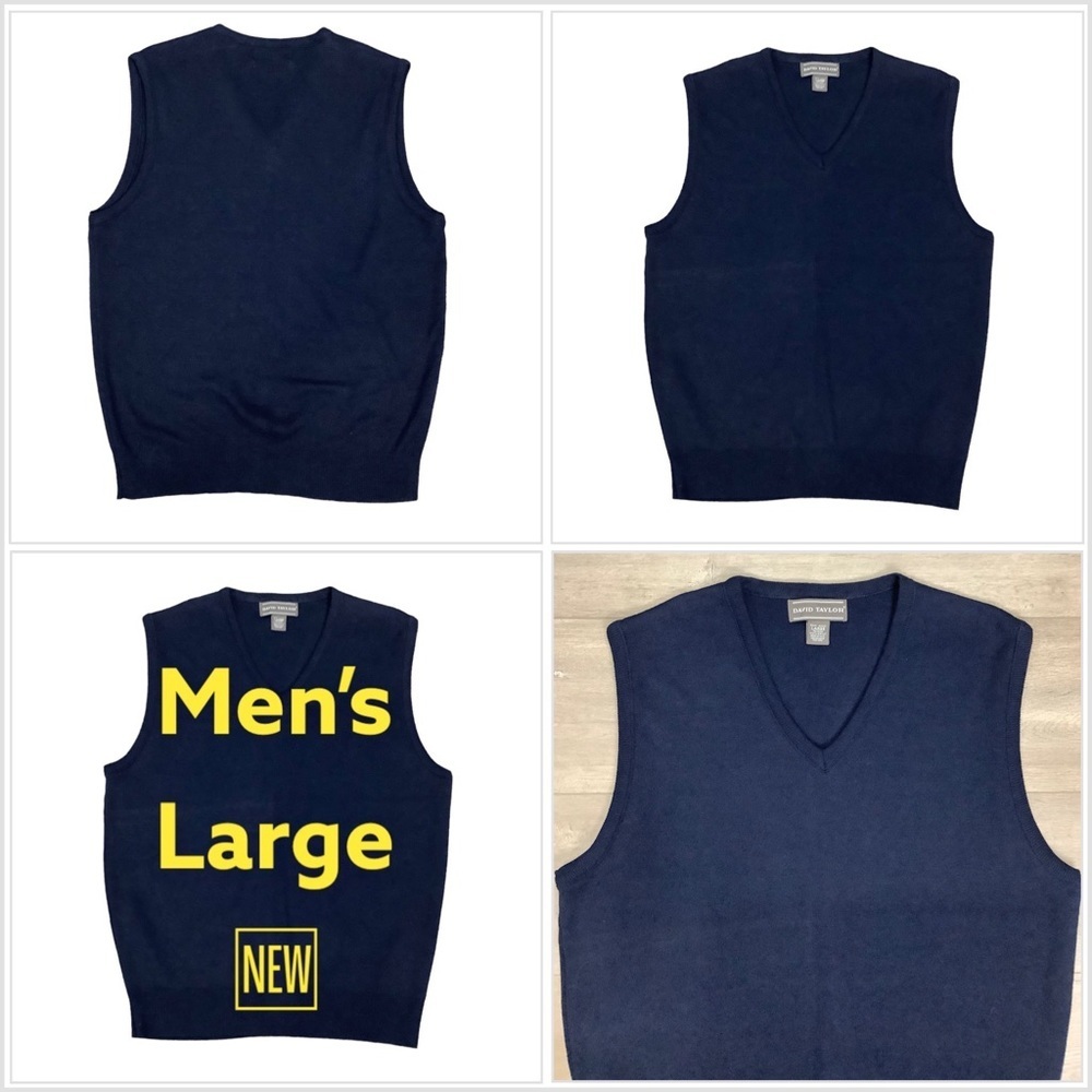 Men’s David Taylor L Large 42 - 44 V-Neck Sweater Vest Navy Blue Pullover NWOT